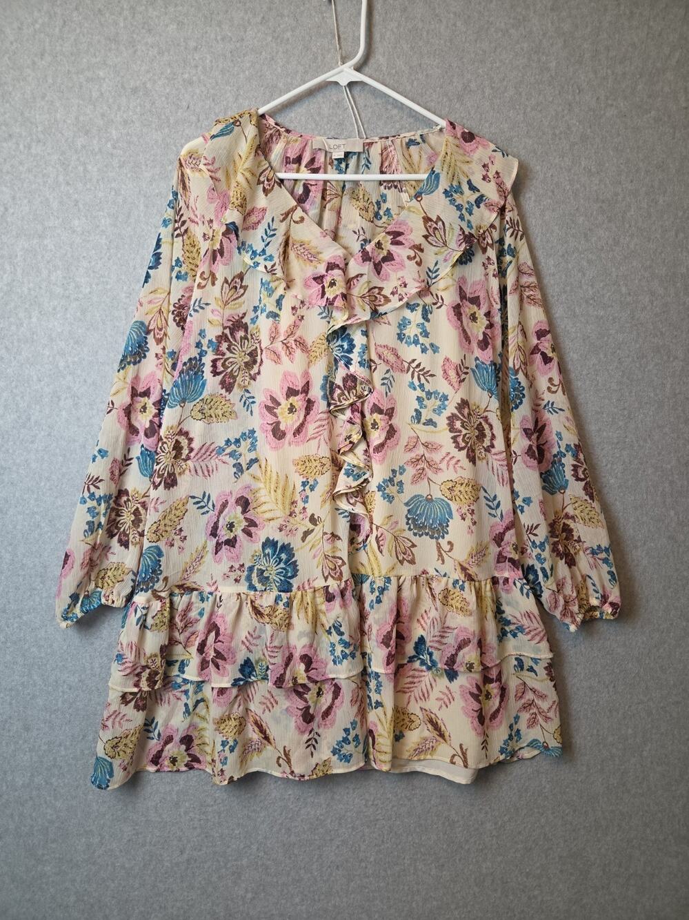 LOFT Beige Garden Ruffle LS V Neck Mini Flounce Dress Women's Medium Lined